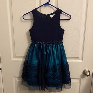 Girls Navy and Teal Floral Tulle Dress